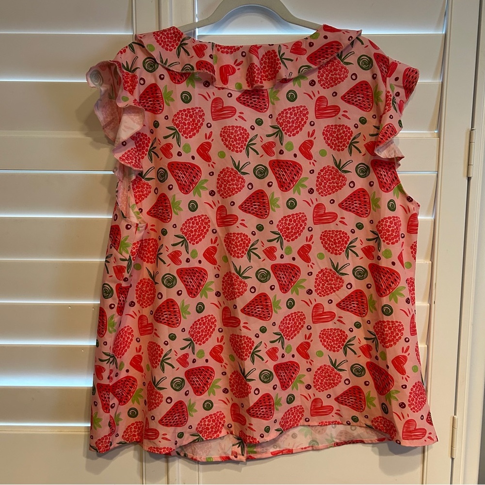 SHEIN Strawberry Print Ruffle Sleeve Blouse Pink Red Multi Size 3XL - Picture 5 of 6